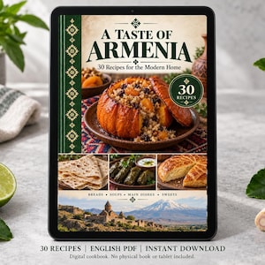 Digital cookbook mockup displaying the actual A Taste of Armenia cover. English PDF download only; no tablet or physical book included.
