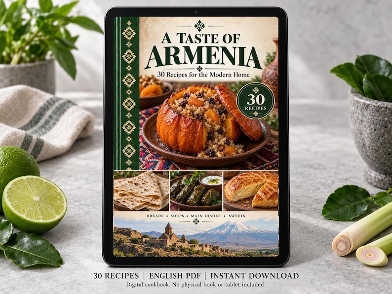 Digital cookbook mockup displaying the actual A Taste of Armenia cover. English PDF download only; no tablet or physical book included.