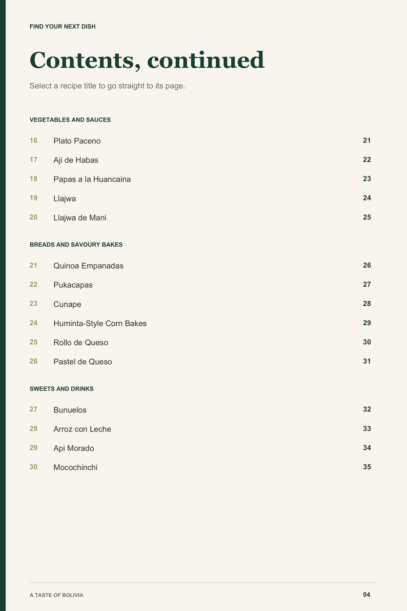Actual PDF page 4 from A Taste of Bolivia: Contents, page 2.