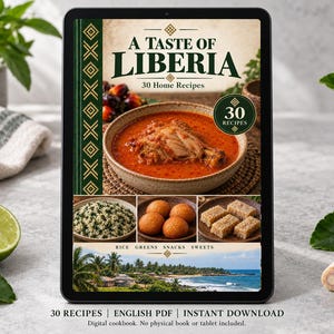 Digital cookbook mockup displaying the actual A Taste of Liberia cover. English PDF download only; no tablet or physical book included.