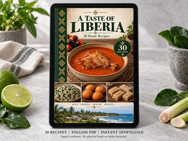 Digital cookbook mockup displaying the actual A Taste of Liberia cover. English PDF download only; no tablet or physical book included.