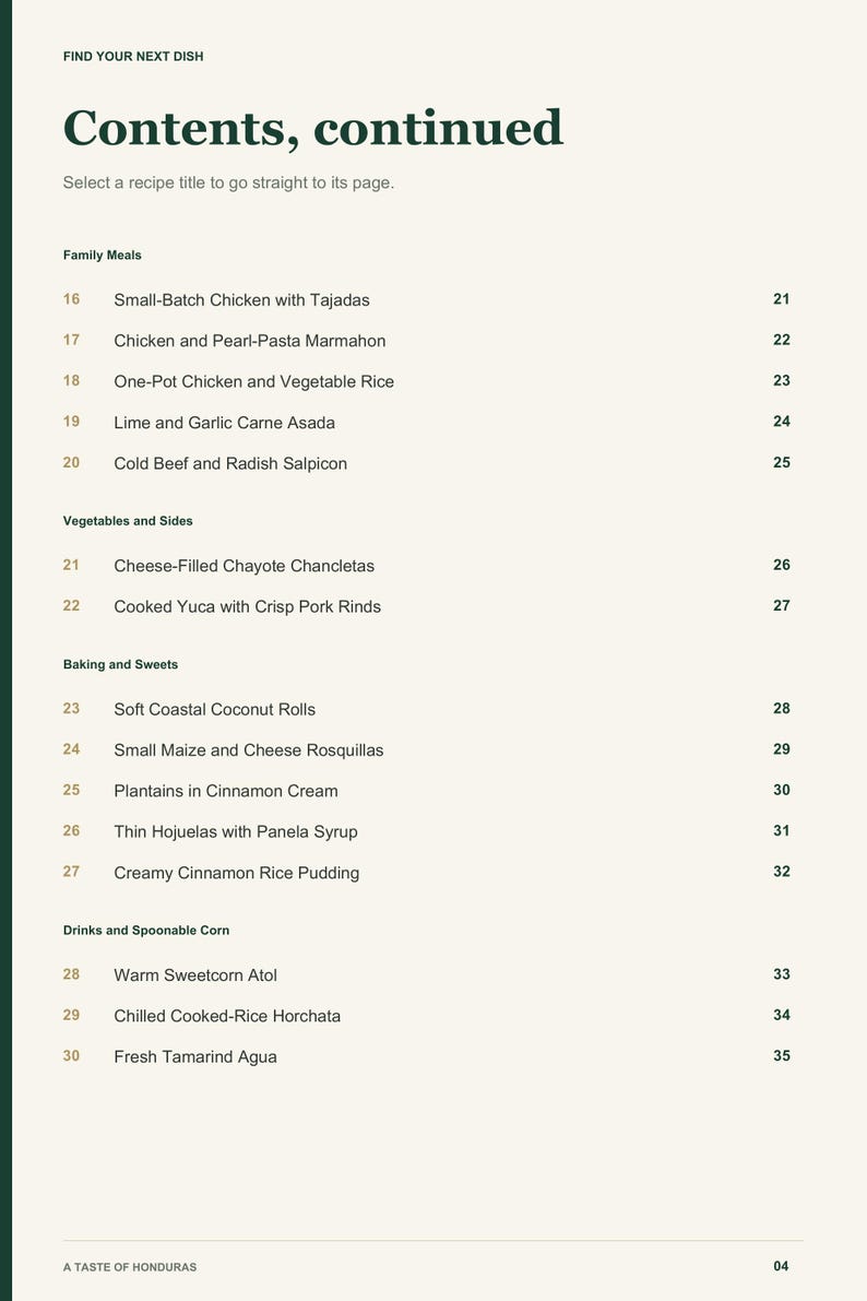 Actual PDF page 4 from A Taste of Honduras: Contents, page 2.