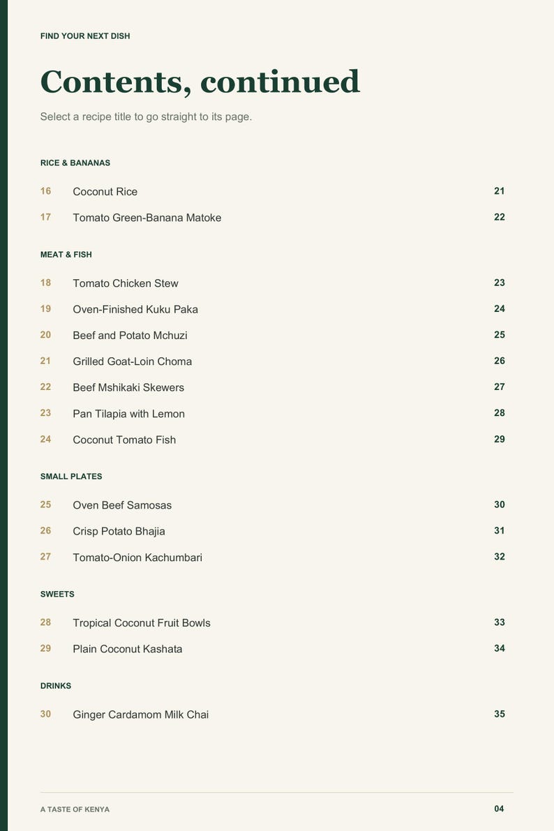 Actual PDF page 4 from A Taste of Kenya: Contents, page 2.