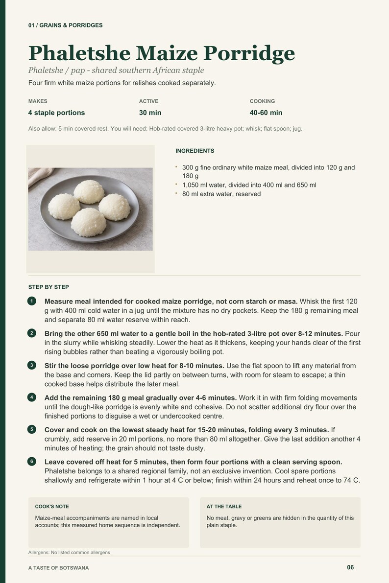 Actual PDF page 6 from A Taste of Botswana: Phaletshe Maize Porridge recipe page.