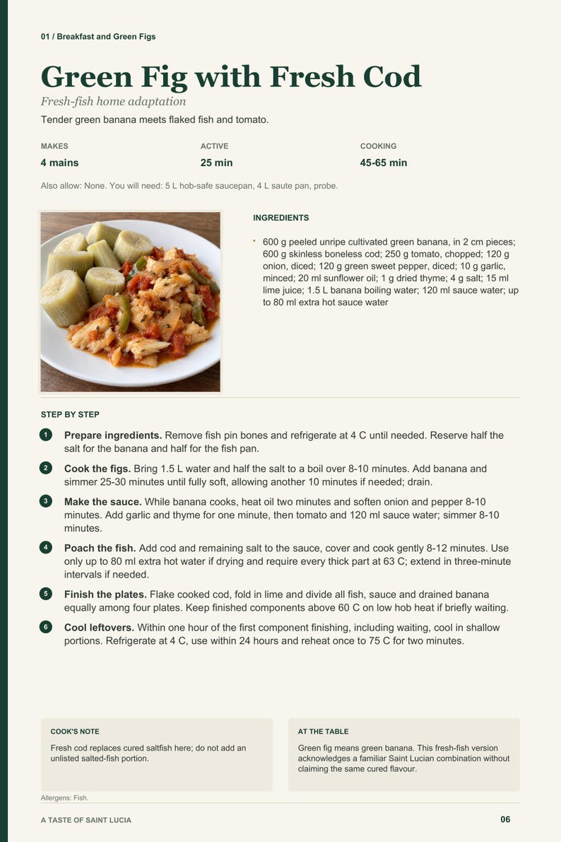 Actual PDF page 6 from A Taste of Saint Lucia: Green Fig with Fresh Cod recipe page.