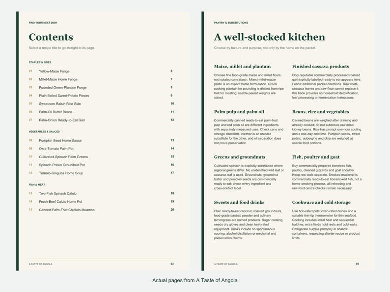 Actual contents and kitchen-notes pages from A Taste of Angola.