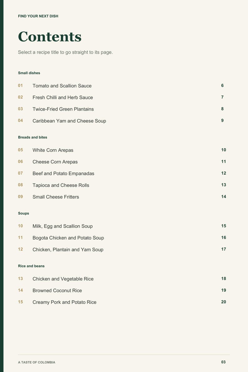 Actual PDF page 3 from A Taste of Colombia: Contents, page 1.