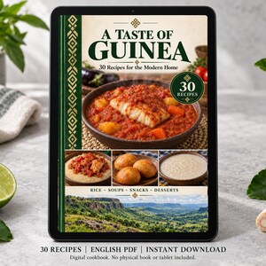 Digital cookbook mockup displaying the actual A Taste of Guinea cover. English PDF download only; no tablet or physical book included.