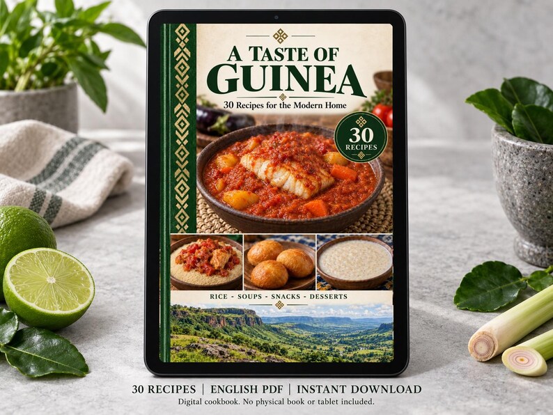 Digital cookbook mockup displaying the actual A Taste of Guinea cover. English PDF download only; no tablet or physical book included.
