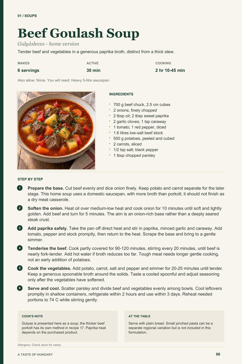 Actual PDF page 6 from A Taste of Hungary: Beef Goulash Soup recipe page.