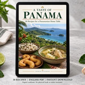 Digital cookbook mockup displaying the actual A Taste of Panama cover. English PDF download only; no tablet or physical book included.