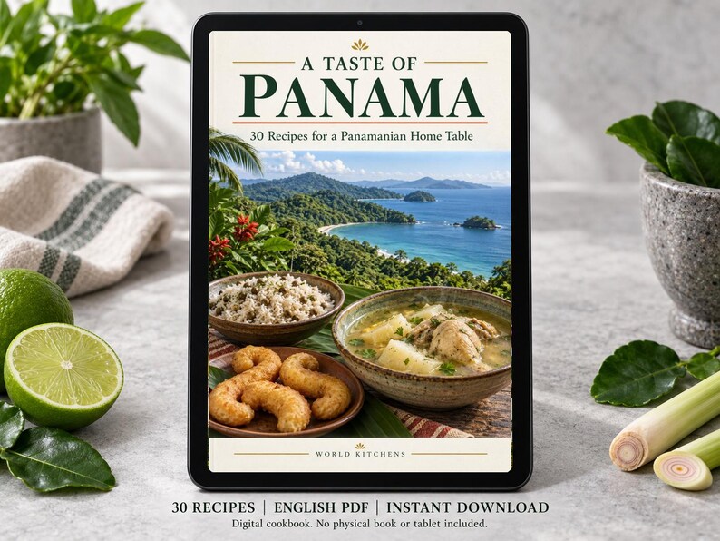 Digital cookbook mockup displaying the actual A Taste of Panama cover. English PDF download only; no tablet or physical book included.