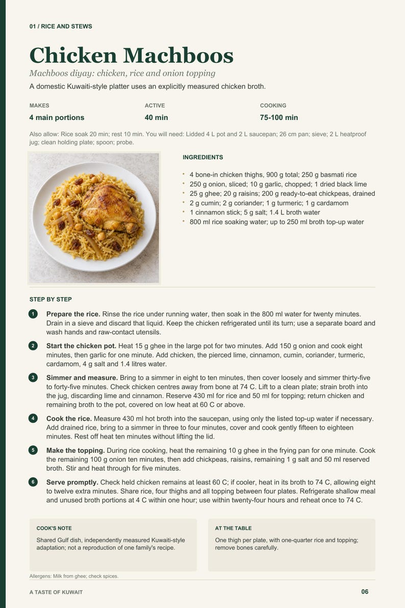 Actual PDF page 6 from A Taste of Kuwait: Chicken Machboos recipe page.
