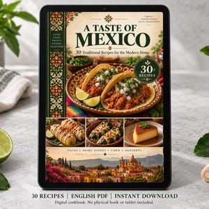 Digital cookbook mockup displaying the actual A Taste of Mexico cover. English PDF download only; no tablet or physical book included.