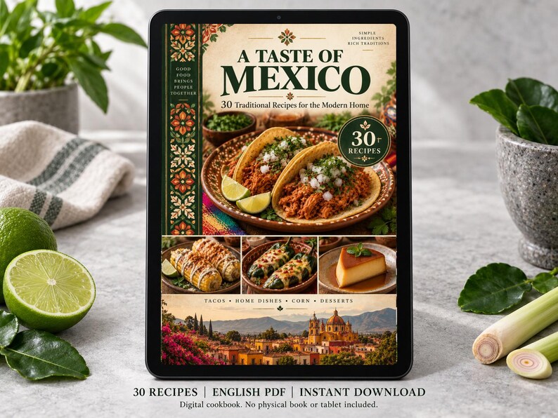 Digital cookbook mockup displaying the actual A Taste of Mexico cover. English PDF download only; no tablet or physical book included.