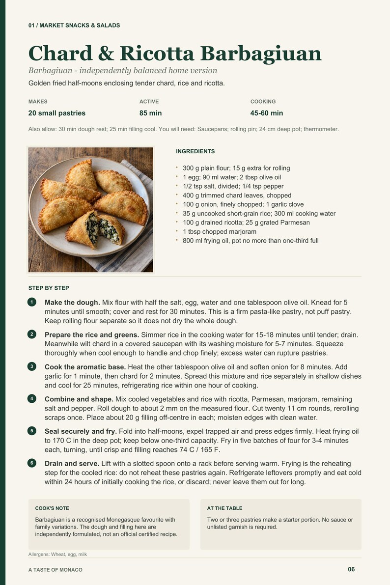 Actual PDF page 6 from A Taste of Monaco: Chard & Ricotta Barbagiuan recipe page.