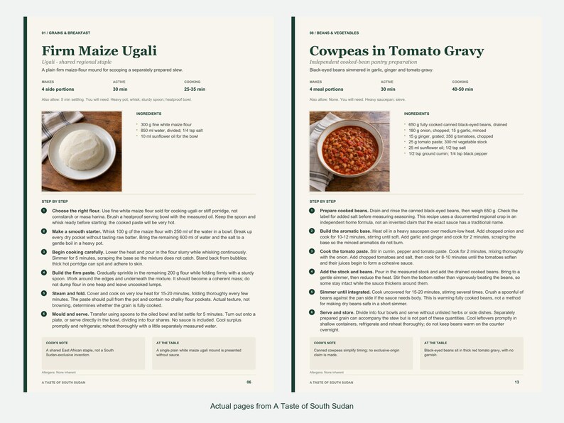 Two actual recipe pages from A Taste of South Sudan.
