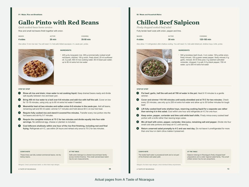 Two actual recipe pages from A Taste of Nicaragua.