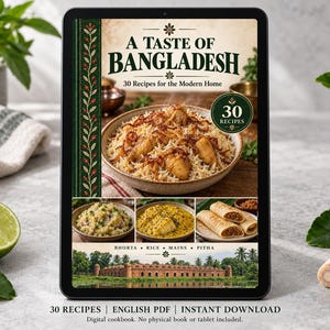 Digital cookbook mockup displaying the actual A Taste of Bangladesh cover. English PDF download only; no tablet or physical book included.