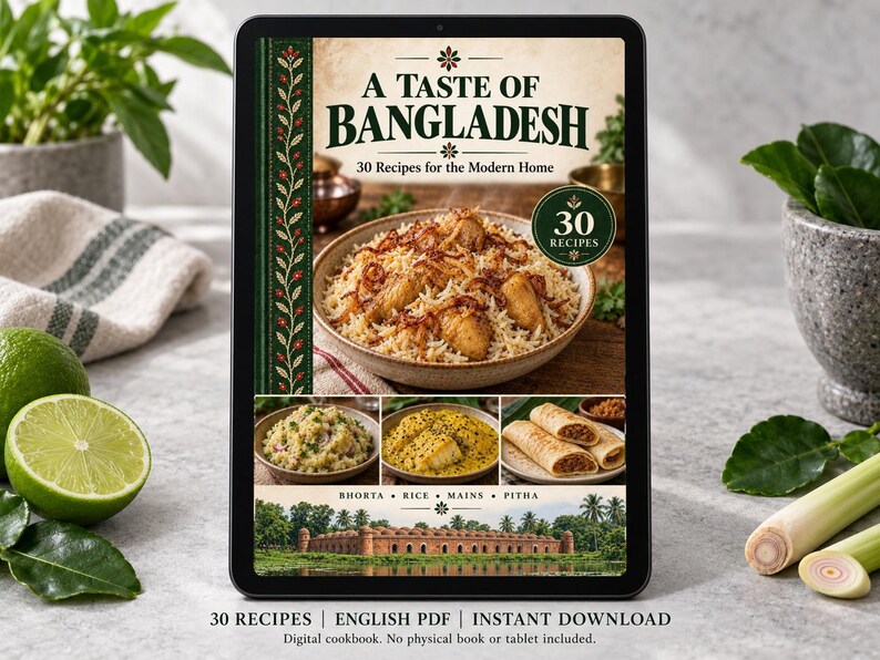 Digital cookbook mockup displaying the actual A Taste of Bangladesh cover. English PDF download only; no tablet or physical book included.