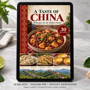 Digital cookbook mockup displaying the actual A Taste of China cover. English PDF download only; no tablet or physical book included.