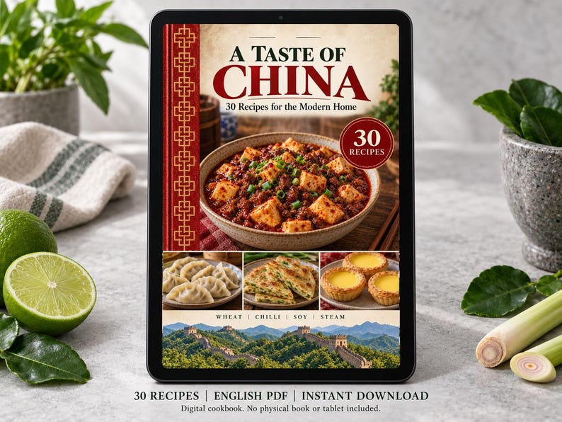 Digital cookbook mockup displaying the actual A Taste of China cover. English PDF download only; no tablet or physical book included.