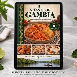 Digital cookbook mockup displaying the actual A Taste of Gambia cover. English PDF download only; no tablet or physical book included.
