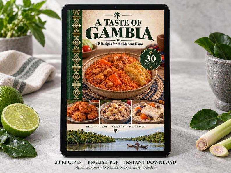 Digital cookbook mockup displaying the actual A Taste of Gambia cover. English PDF download only; no tablet or physical book included.