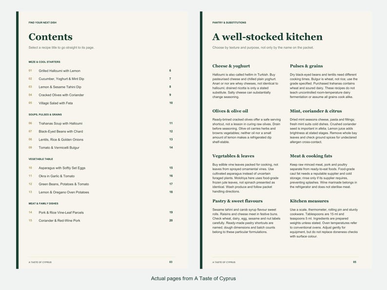 Actual contents and kitchen-notes pages from A Taste of Cyprus.