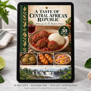 Digital cookbook mockup displaying the actual A Taste of Central African Republic cover. English PDF download only; no tablet or physical book included.