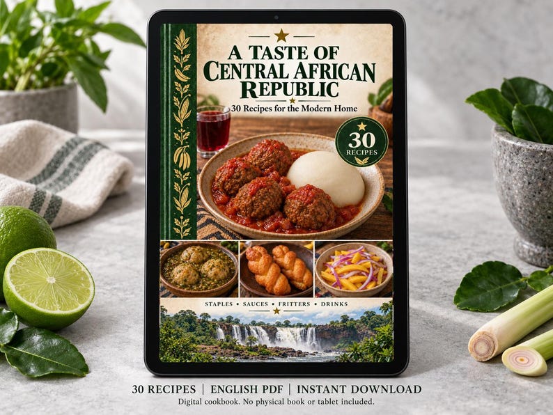 Digital cookbook mockup displaying the actual A Taste of Central African Republic cover. English PDF download only; no tablet or physical book included.