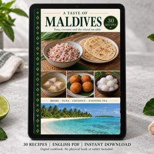 Digital cookbook mockup displaying the actual A Taste of Maldives cover. English PDF download only; no tablet or physical book included.