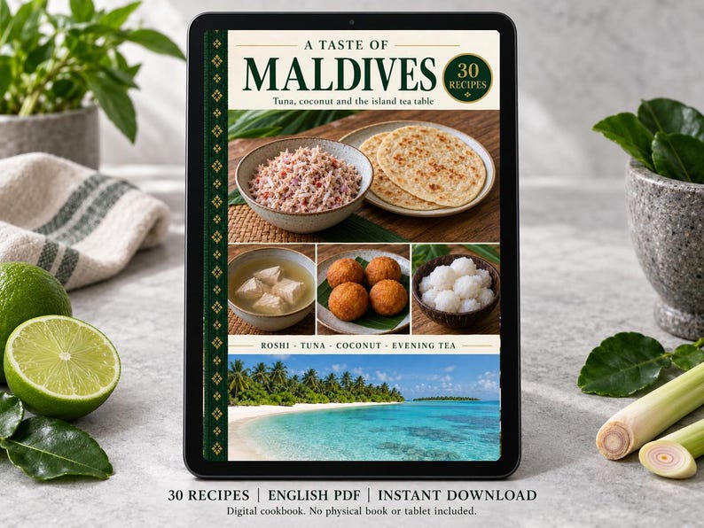 Digital cookbook mockup displaying the actual A Taste of Maldives cover. English PDF download only; no tablet or physical book included.
