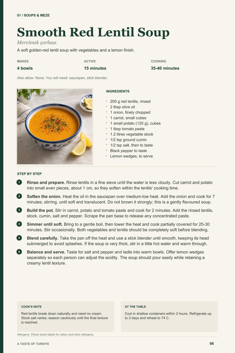 Actual PDF page 6 from A Taste of Turkiye: Smooth Red Lentil Soup recipe page.