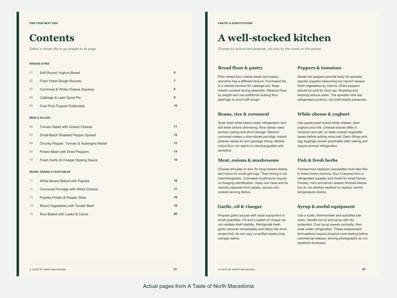 Actual contents and kitchen-notes pages from A Taste of North Macedonia.