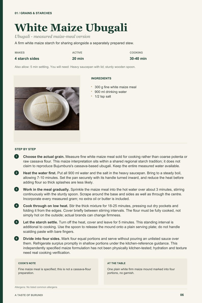 Actual PDF page 6 from A Taste of Burundi: White Maize Ubugali recipe page.