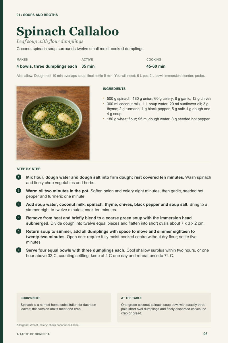 Actual PDF page 6 from A Taste of Dominica: Spinach Callaloo recipe page.