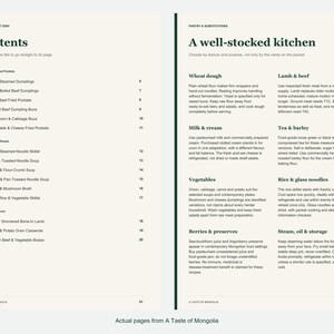 Actual contents and kitchen-notes pages from A Taste of Mongolia.
