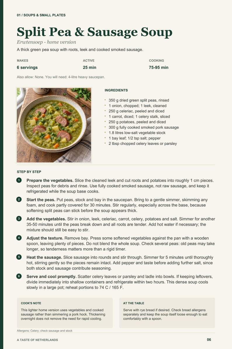Actual PDF page 6 from A Taste of Netherlands: Split Pea & Sausage Soup recipe page.