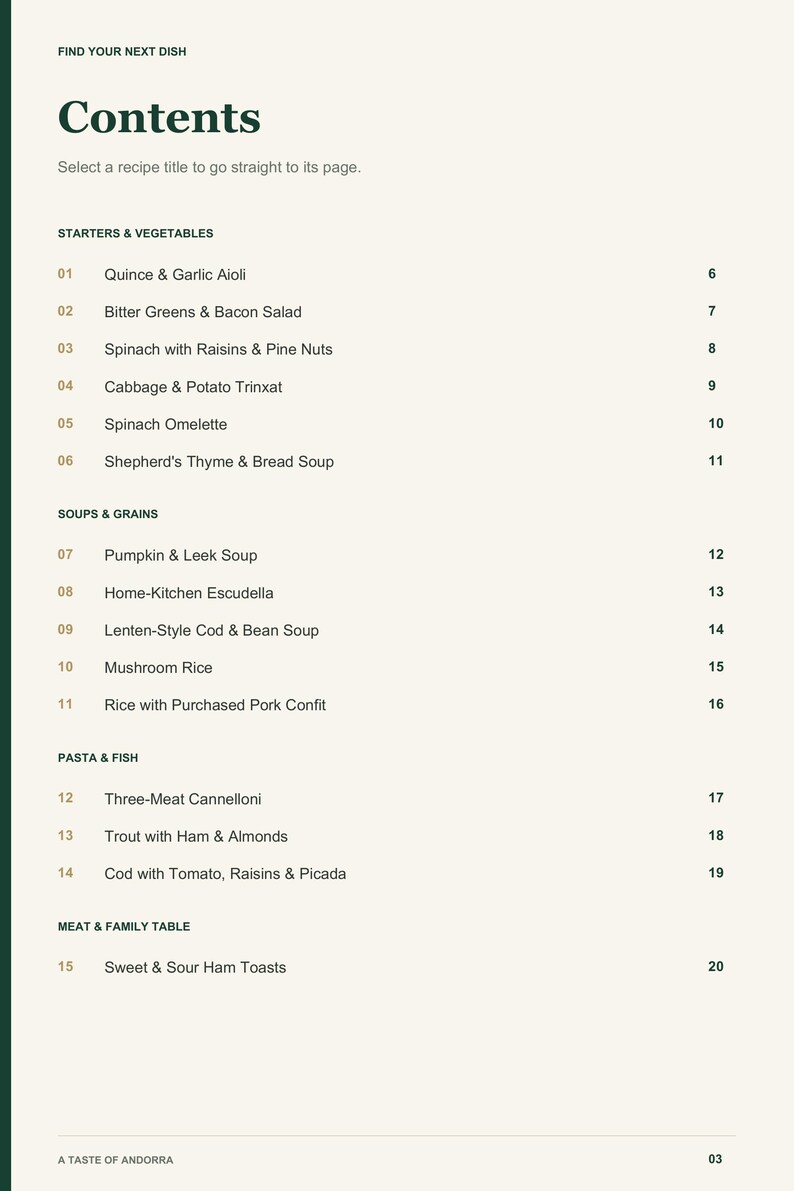 Actual PDF page 3 from A Taste of Andorra: Contents, page 1.