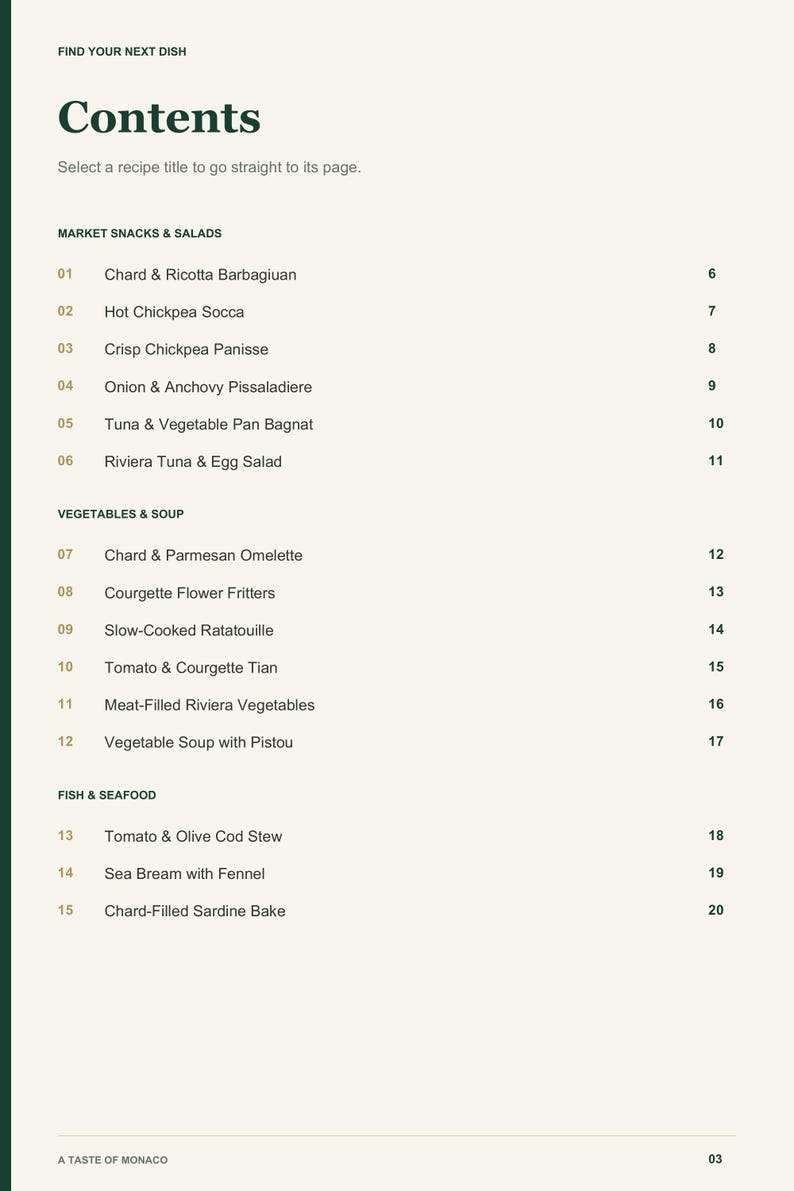 Actual PDF page 3 from A Taste of Monaco: Contents, page 1.