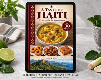 Op de afbeelding: Een digitale tablet met de cover van een kookboek getiteld A Taste of Haiti, 30 Recipes for the Modern Home. De cover toont een kom soep, gefrituurd deeg, vlees en cake, met onderaan een landschapsfoto van een bergfort.