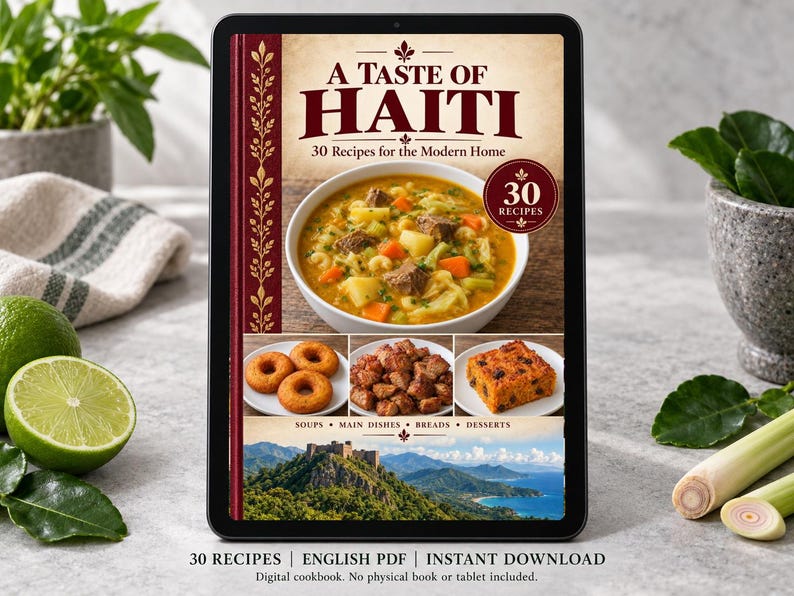 Digital cookbook mockup displaying the actual A Taste of Haiti cover. English PDF download only; no tablet or physical book included.