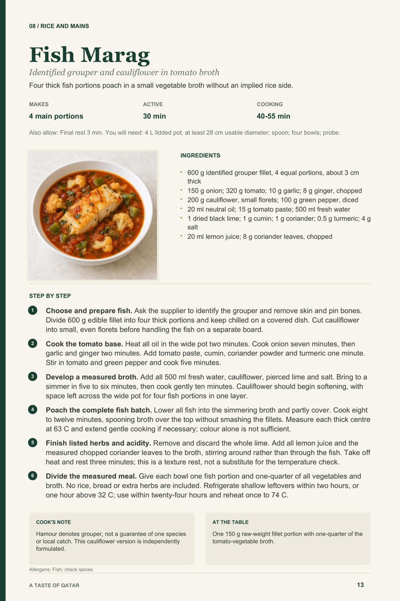 Actual PDF page 13 from A Taste of Qatar: Fish Marag recipe page.