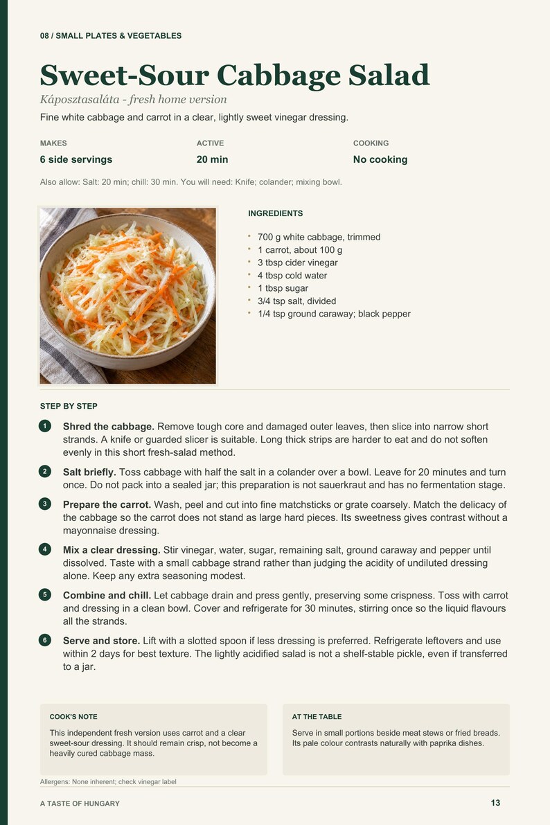 Actual PDF page 13 from A Taste of Hungary: Sweet-Sour Cabbage Salad recipe page.