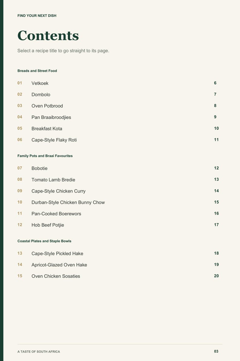 Actual PDF page 3 from A Taste of South Africa: Contents, page 1.