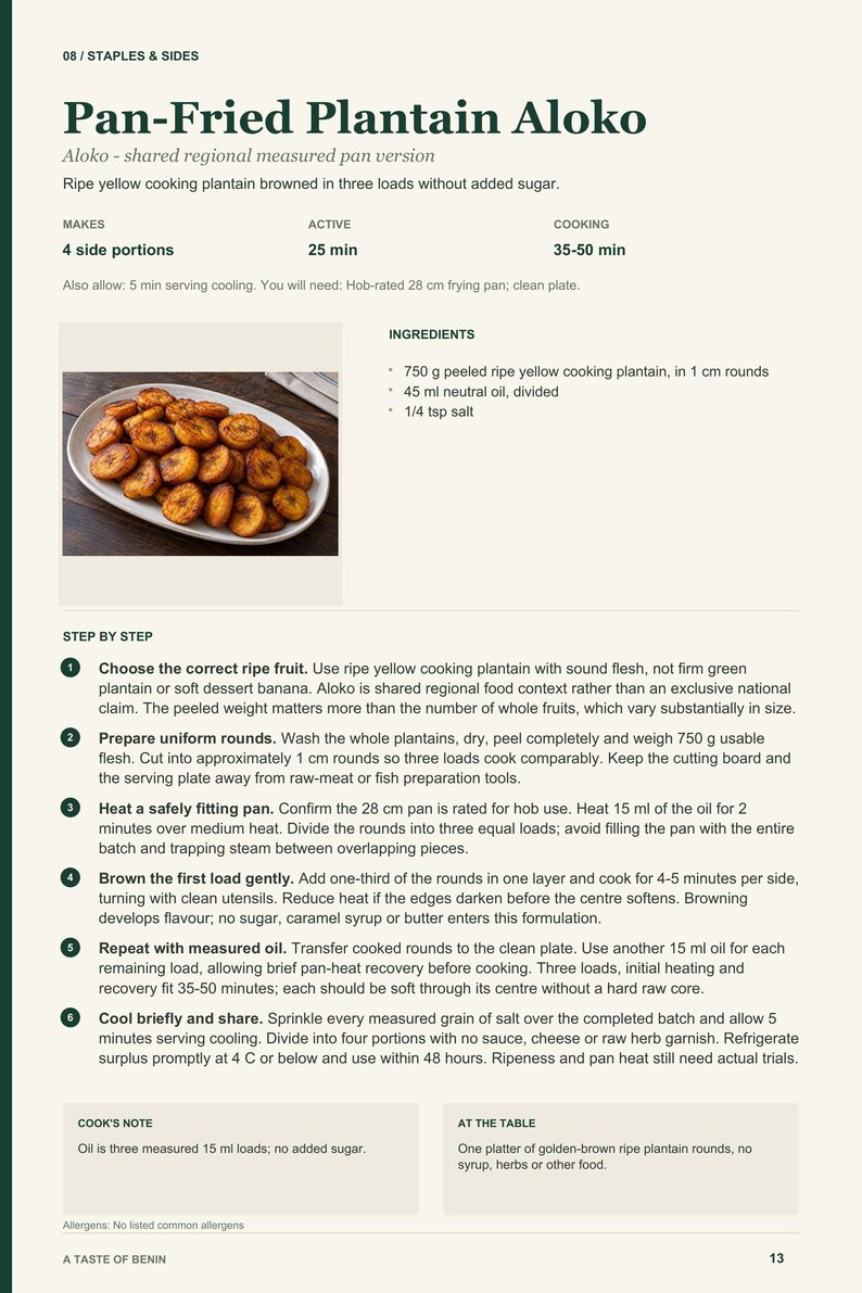 Actual PDF page 13 from A Taste of Benin: Pan-Fried Plantain Aloko recipe page.