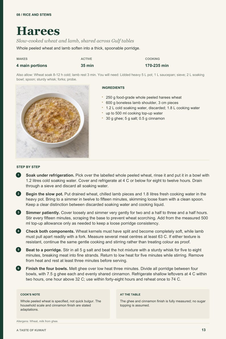 Actual PDF page 13 from A Taste of Kuwait: Harees recipe page.
