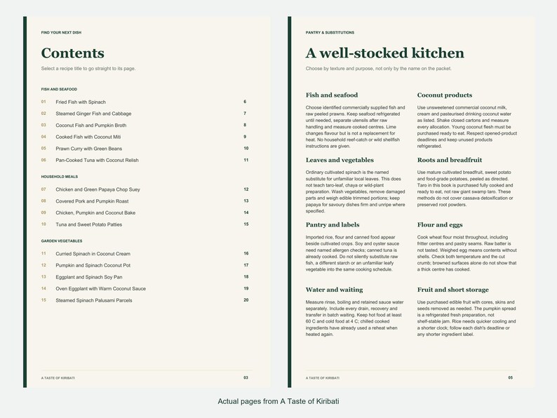 Actual contents and kitchen-notes pages from A Taste of Kiribati.