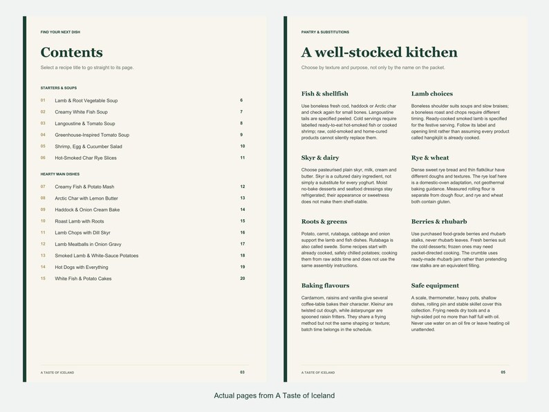 Actual contents and kitchen-notes pages from A Taste of Iceland.